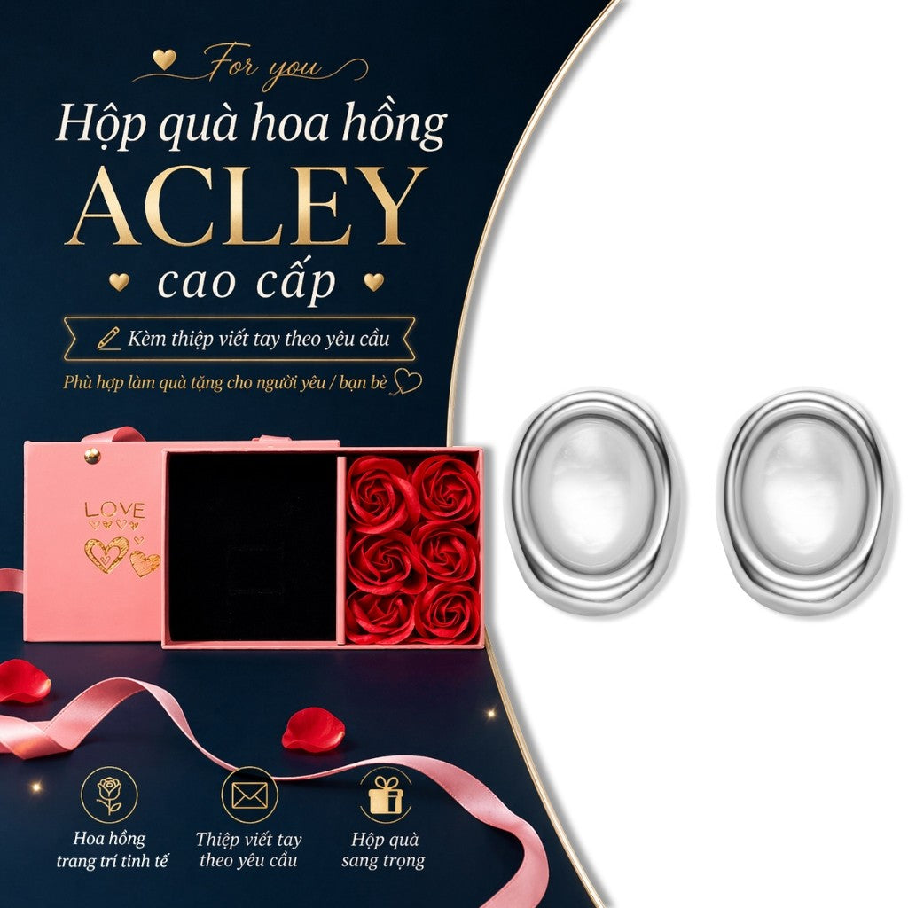 Bông tai nụ oval xà cừ trắng hợp kim đồng kim bạc