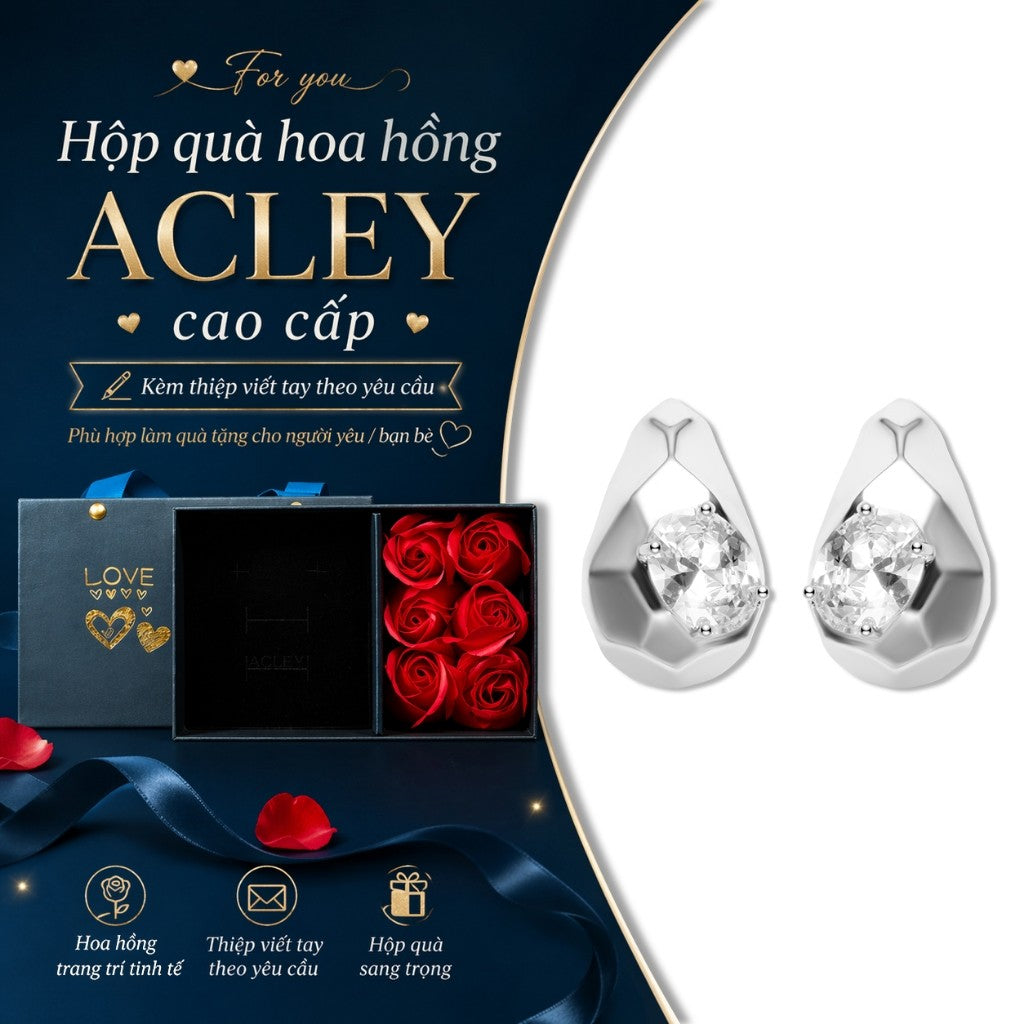 Bông tai nụ giọt nước hợp kim đồng đính đá zircon 5A kim bạc