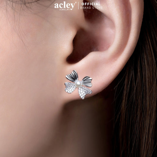 Bông tai nơ ngọc trai nước ngọt đính đá zircon 5A kim bạc