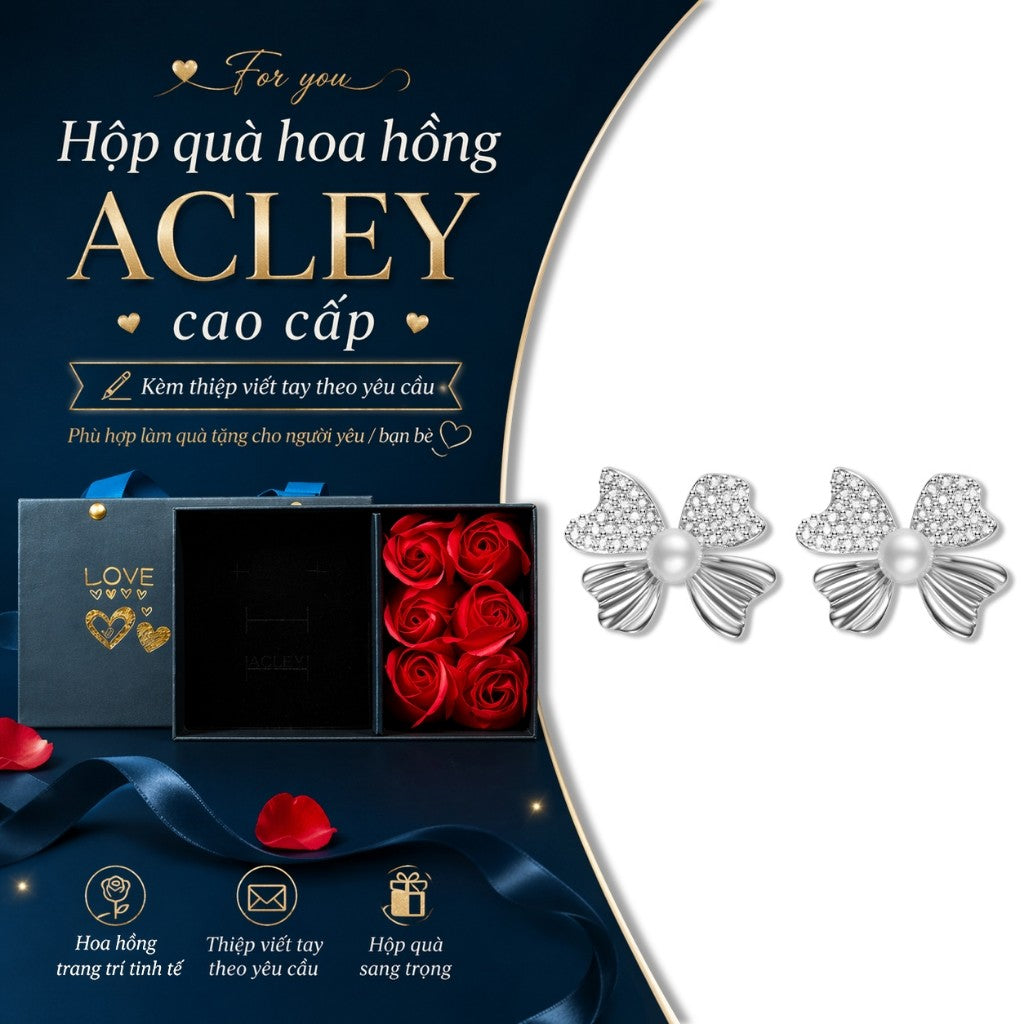 Bông tai nơ ngọc trai nước ngọt đính đá zircon 5A kim bạc
