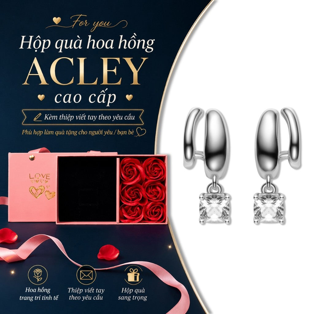 Bông tai vòng hợp kim đồng charm đá vuông zircon 5A kim bạc