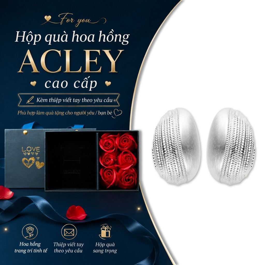 Bông tai nụ hợp kim đồng dáng oval vân nổi kim bạc