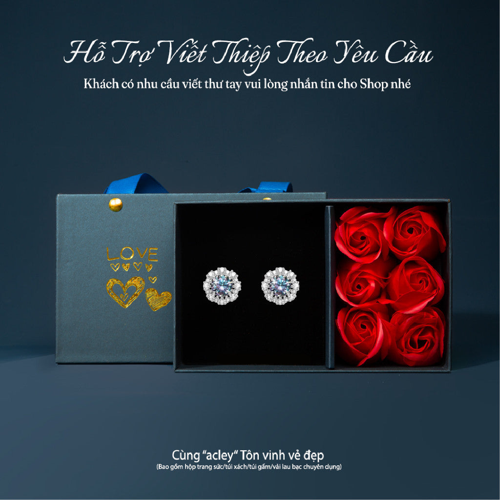 Bông tai bạc S925 đính đá Moissanite dáng tròn halo sang trọng