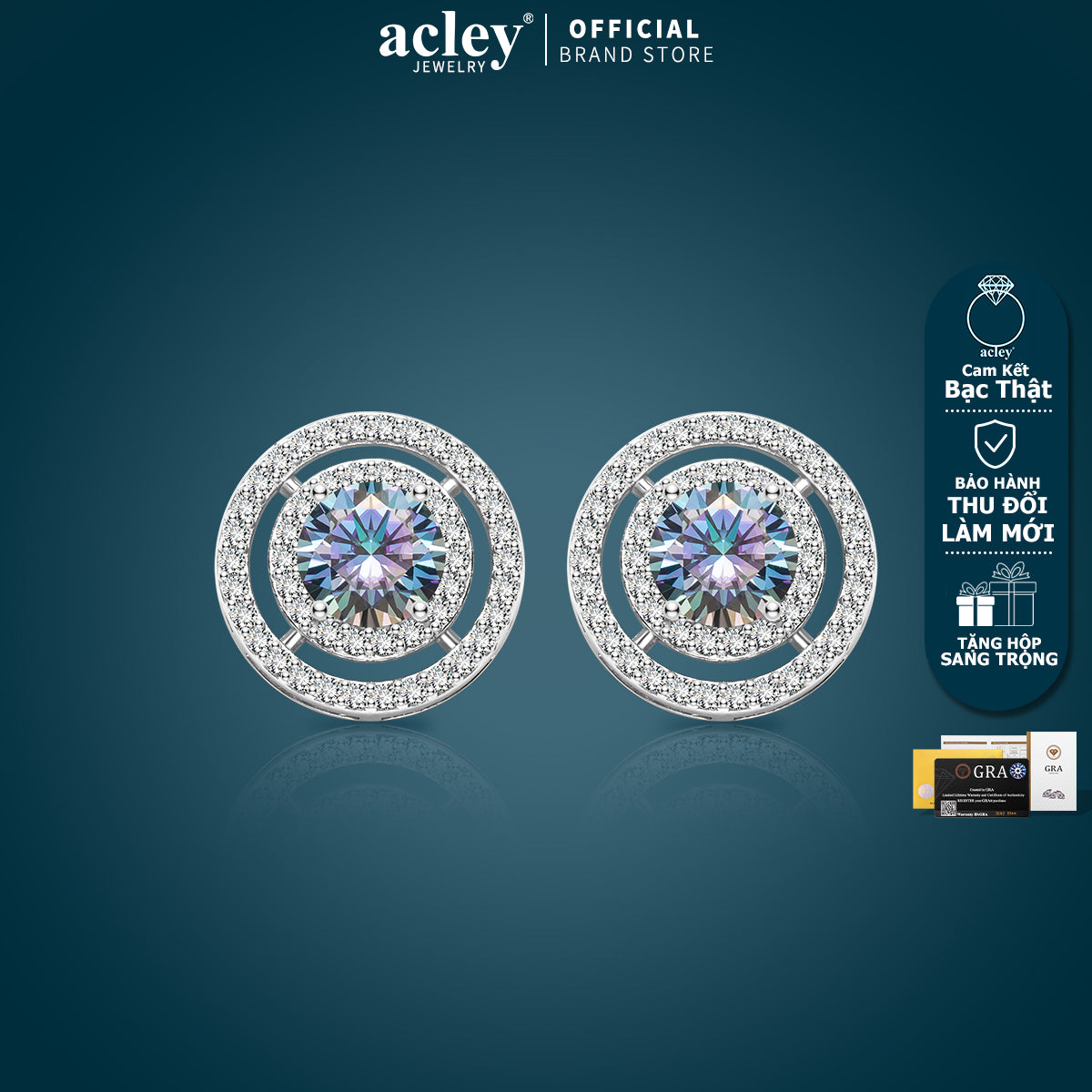 Bông tai nụ bạc S925 hình tròn đồng tâm đính đá Moissanite
