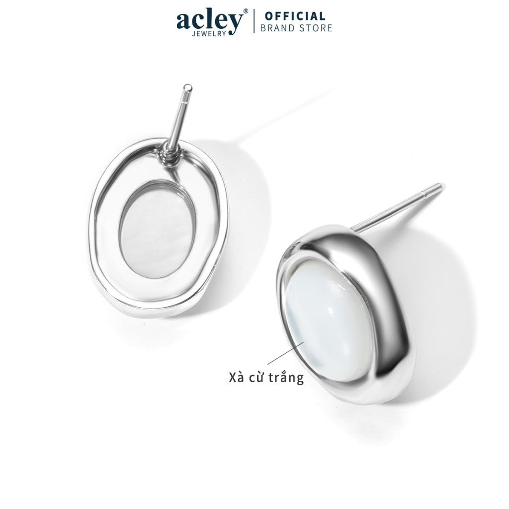 Bông tai nụ oval xà cừ trắng hợp kim đồng kim bạc