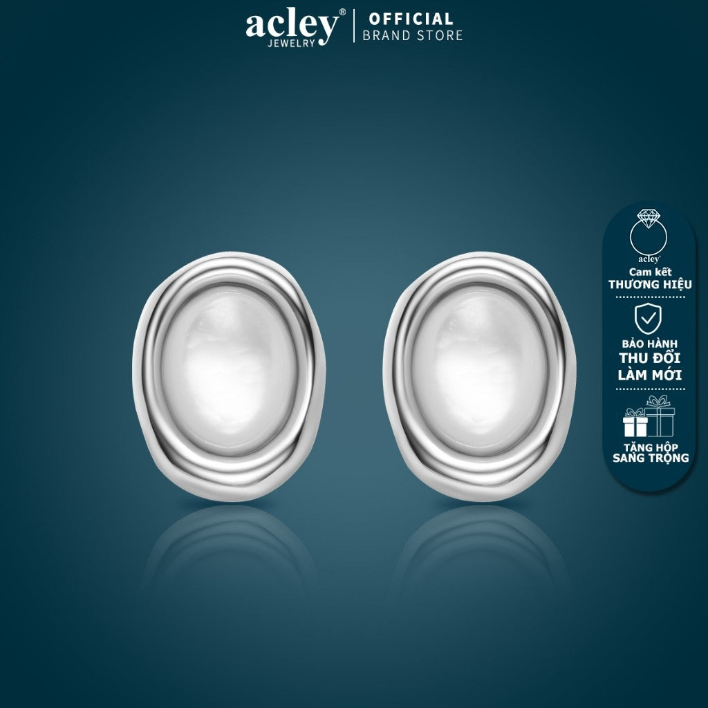 Bông tai nụ oval xà cừ trắng hợp kim đồng kim bạc