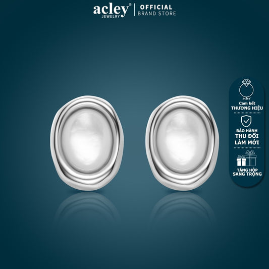 Bông tai nụ oval xà cừ trắng hợp kim đồng kim bạc