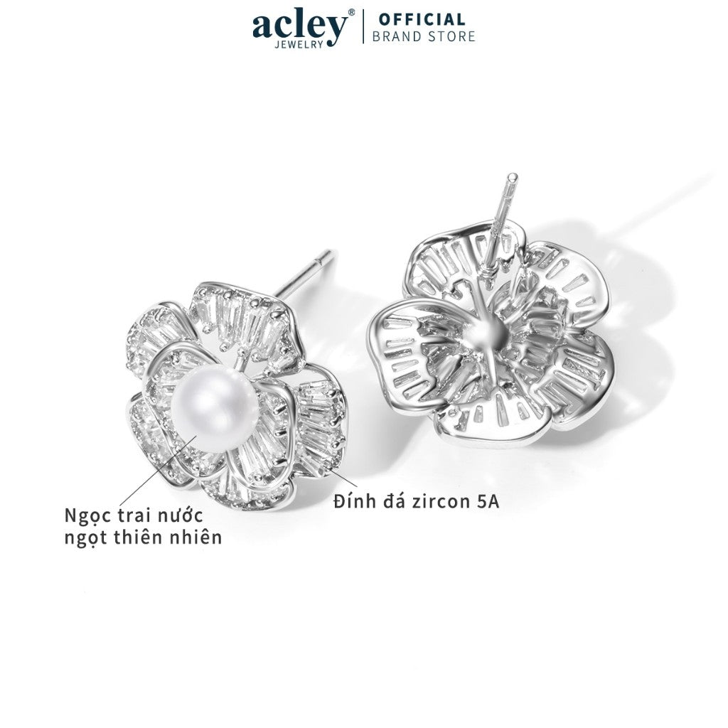 Bông tai hoa ngọc trai nước ngọt đính đá zircon 5A kim bạc