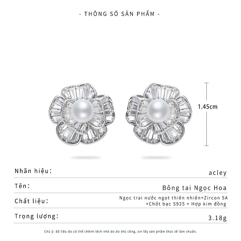 Bông tai hoa ngọc trai nước ngọt đính đá zircon 5A kim bạc