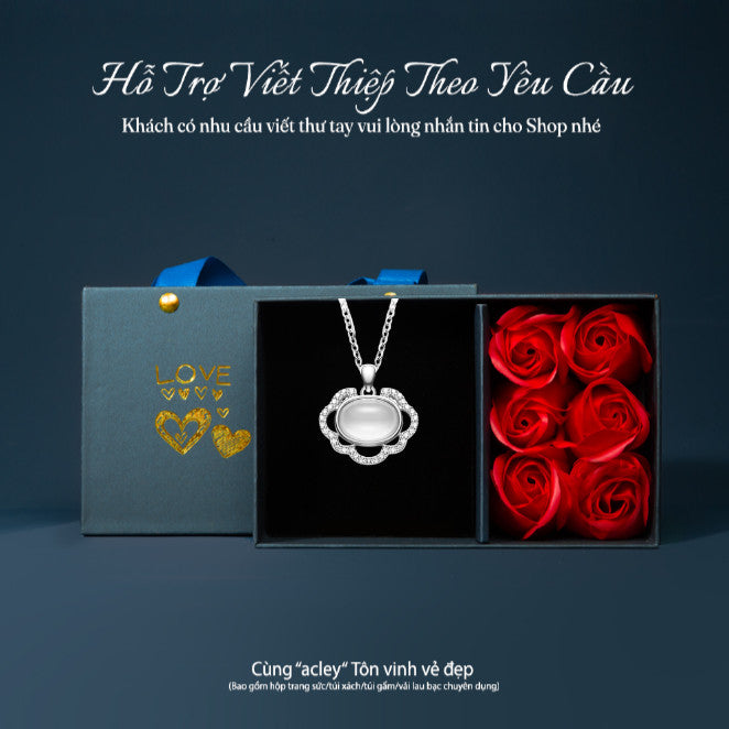 Dây chuyền bạc S925 mặt oval đá mã não chalcedony viền hoa