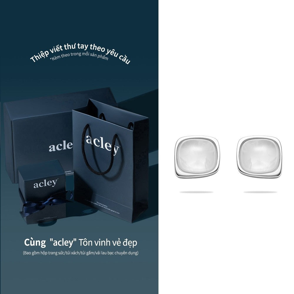 Bông tai nụ bạc S925 đá mã não chalcedony dáng vuông bo góc