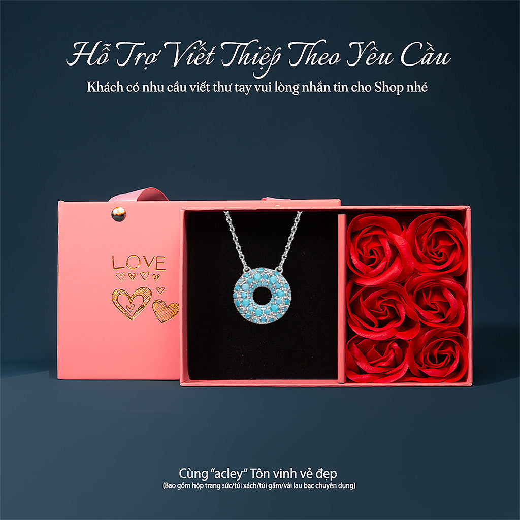 Dây chuyền bạc S925 mặt tròn rỗng khảm đá turquoise