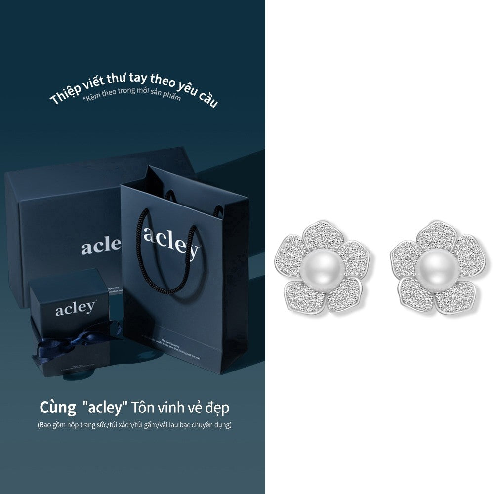 Bông tai hoa 5 cánh đính ngọc trai nước ngọt zircon 5A