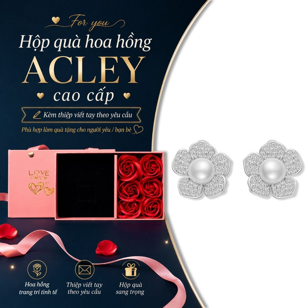 Bông tai hoa 5 cánh đính ngọc trai nước ngọt zircon 5A