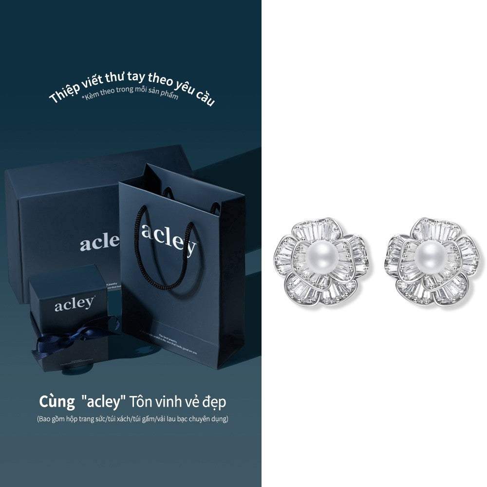 Bông tai hoa ngọc trai nước ngọt đính đá zircon 5A kim bạc