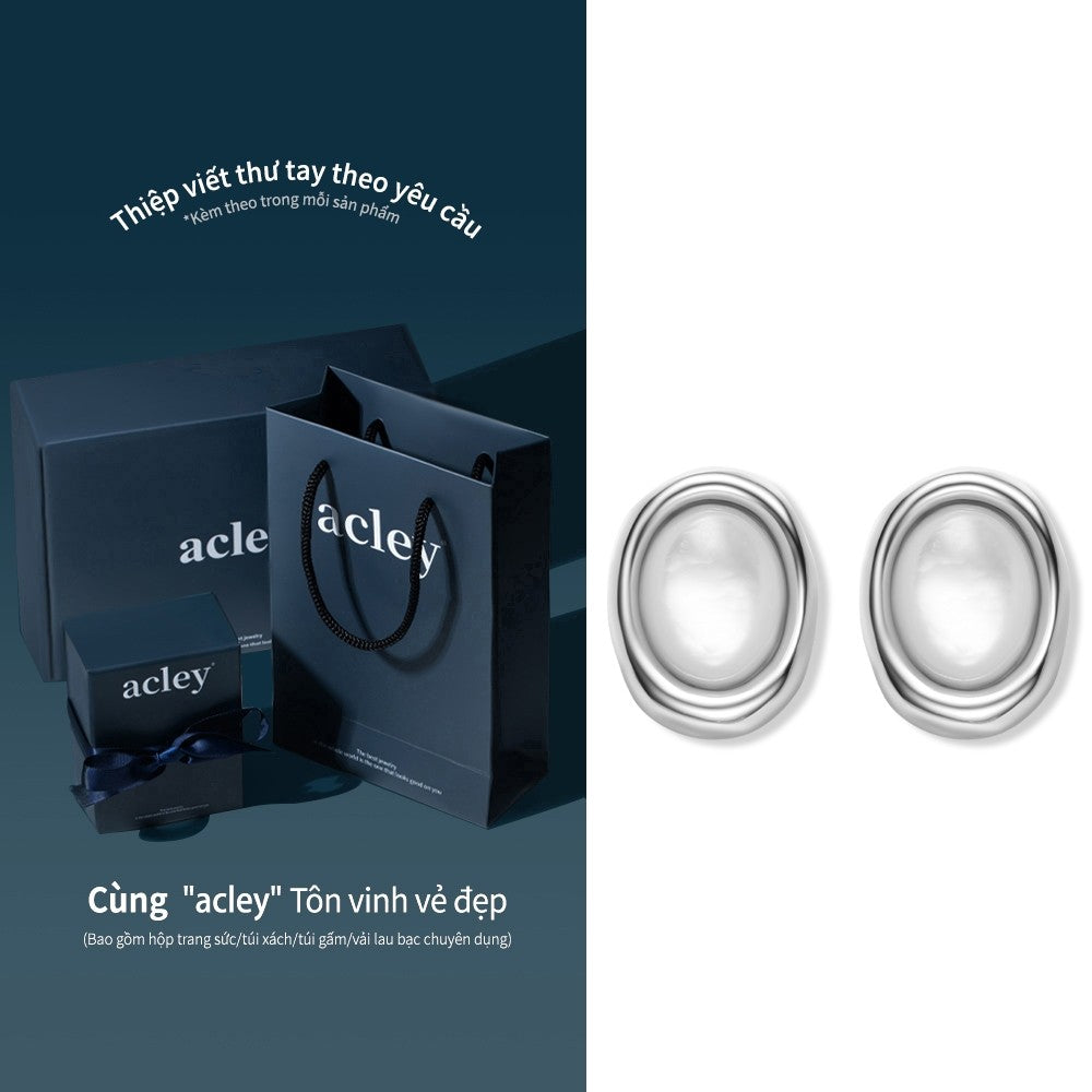 Bông tai nụ oval xà cừ trắng hợp kim đồng kim bạc
