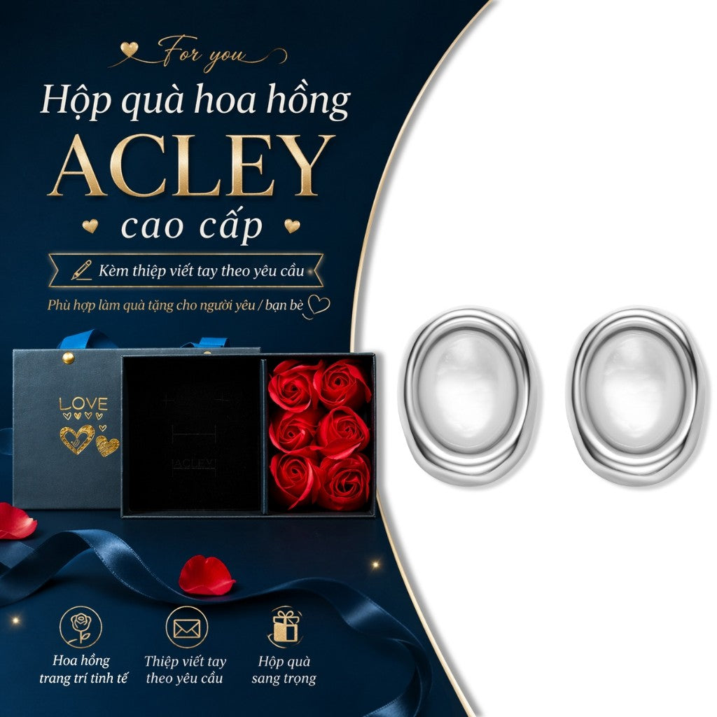Bông tai nụ oval xà cừ trắng hợp kim đồng kim bạc