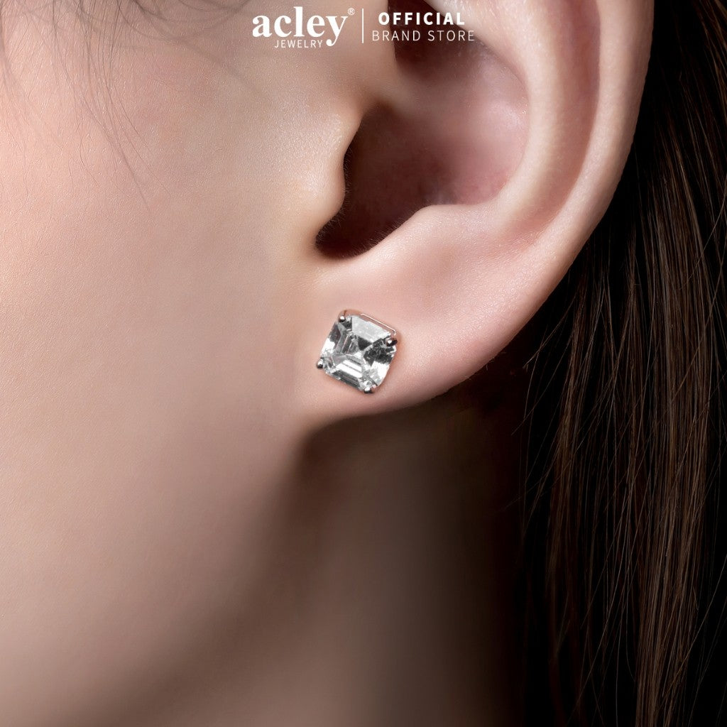 Bông tai nụ hợp kim đồng đá zircon 5A dáng vuông kim bạc