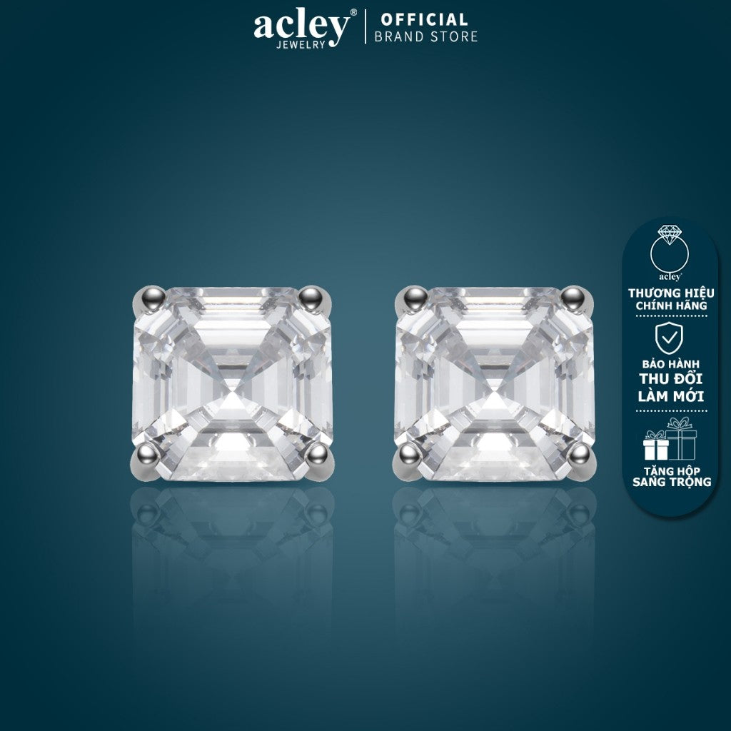 Bông tai nụ hợp kim đồng đá zircon 5A dáng vuông kim bạc