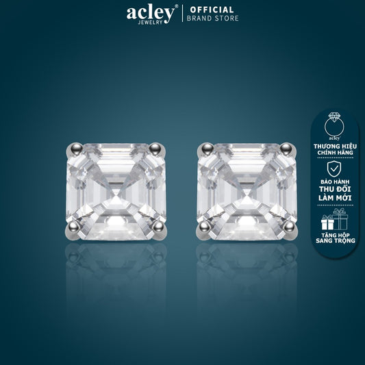 Bông tai nụ hợp kim đồng đá zircon 5A dáng vuông kim bạc