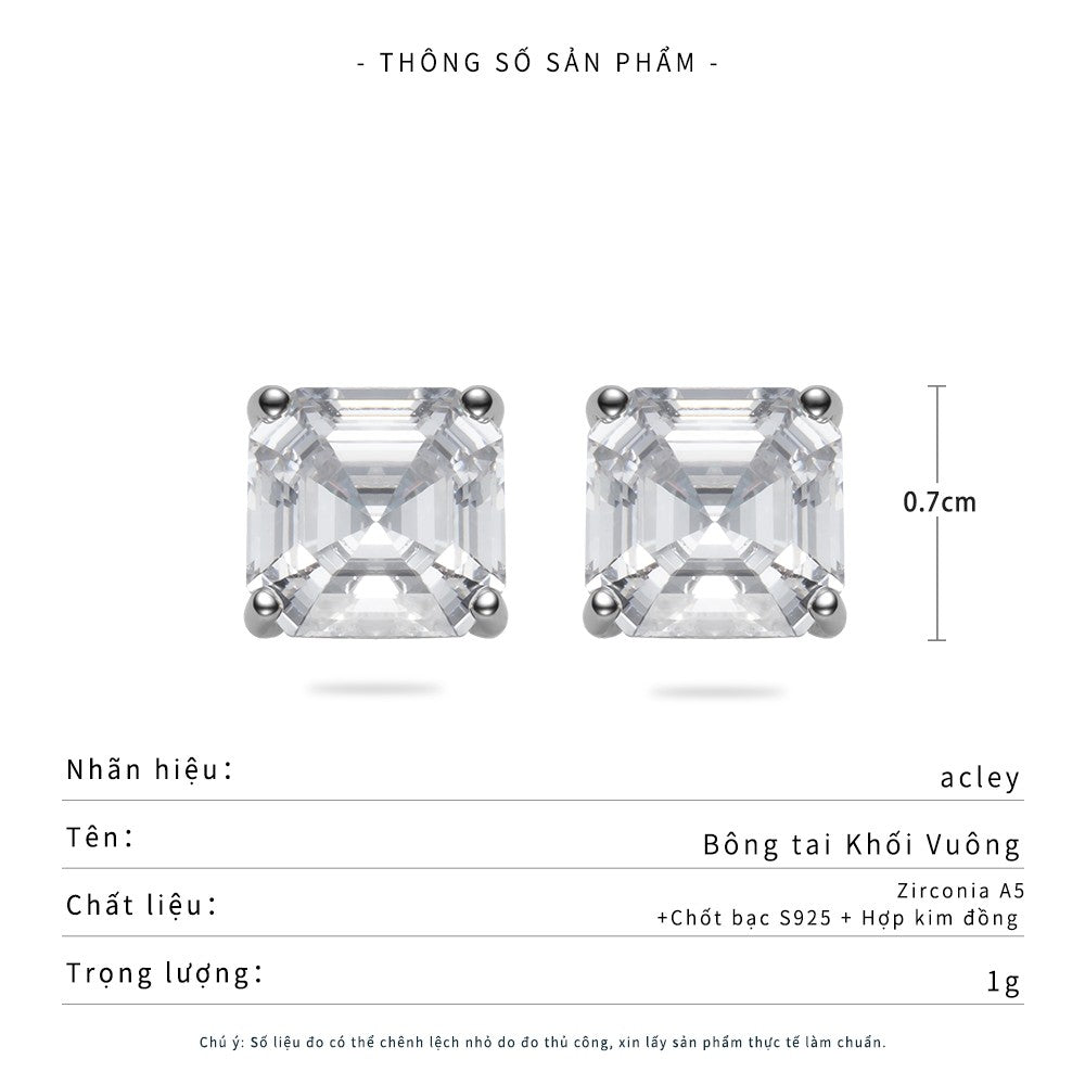 Bông tai nụ hợp kim đồng đá zircon 5A dáng vuông kim bạc