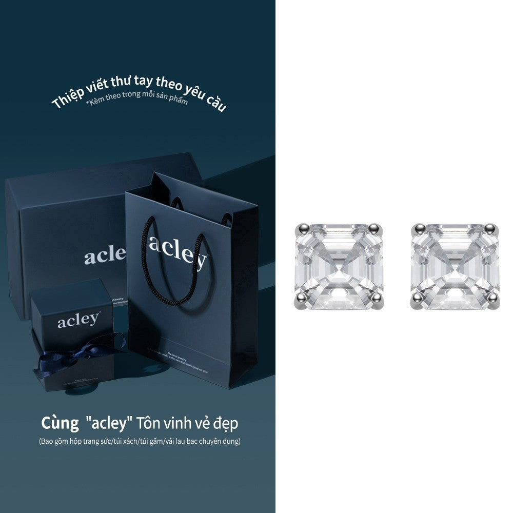 Bông tai nụ hợp kim đồng đá zircon 5A dáng vuông kim bạc