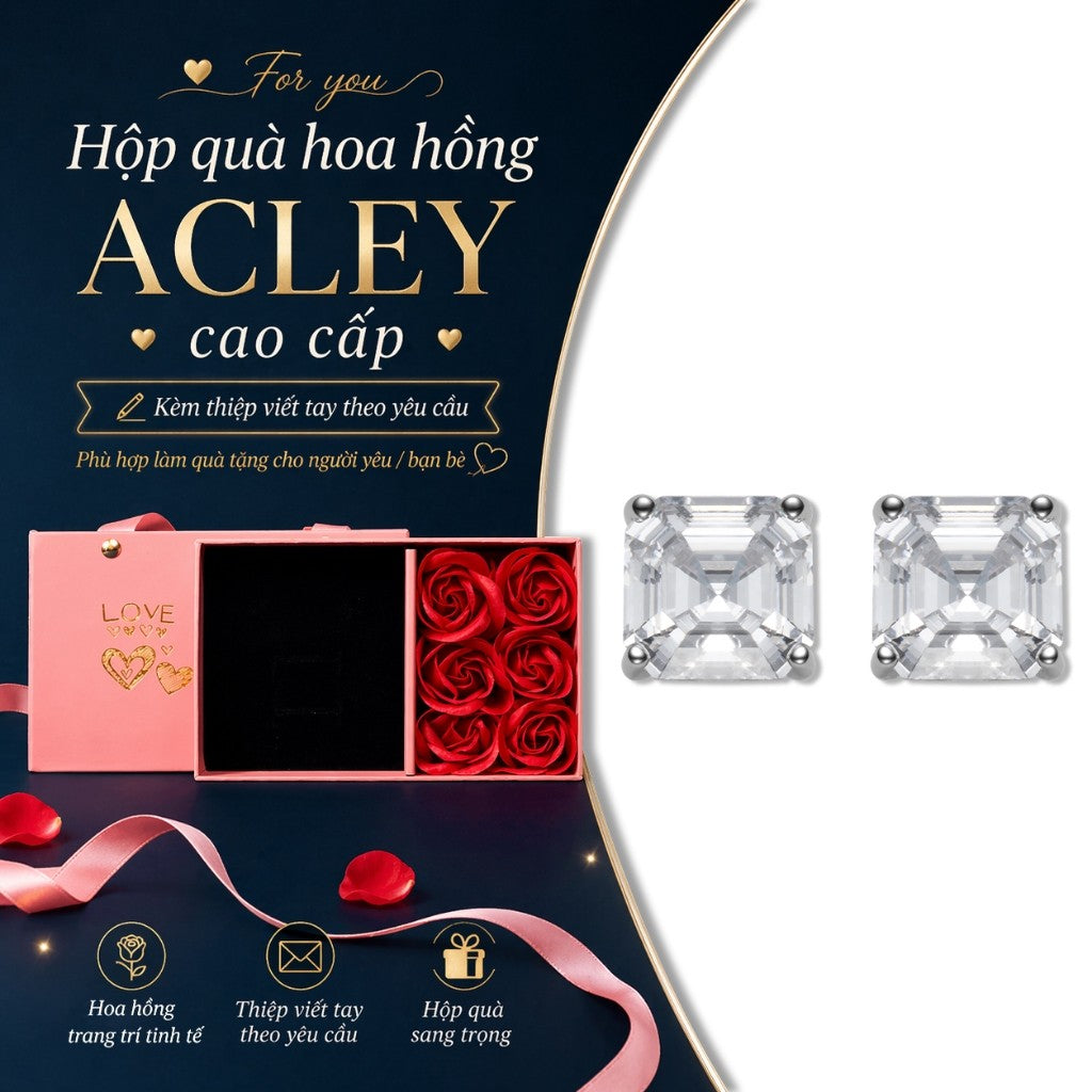 Bông tai nụ hợp kim đồng đá zircon 5A dáng vuông kim bạc