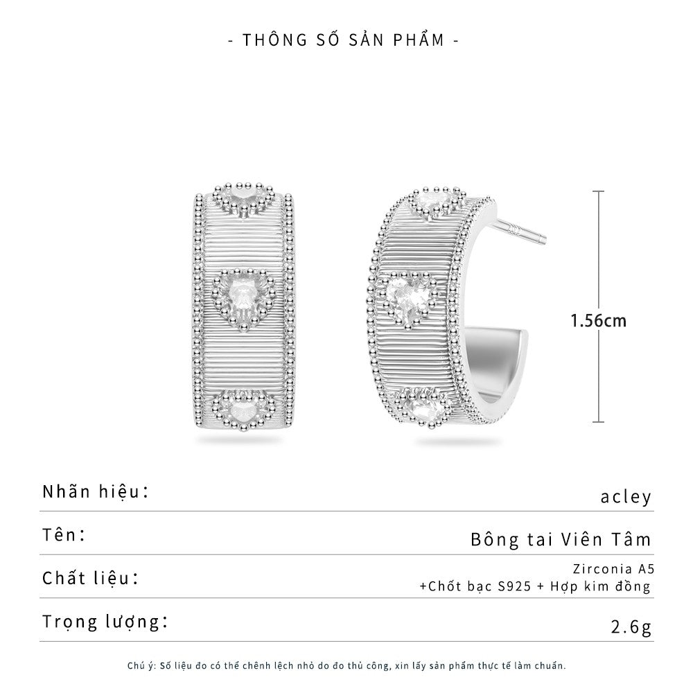 Bông tai dáng vòng bản lớn hợp kim đồng đính đá zircon 5A kim bạc