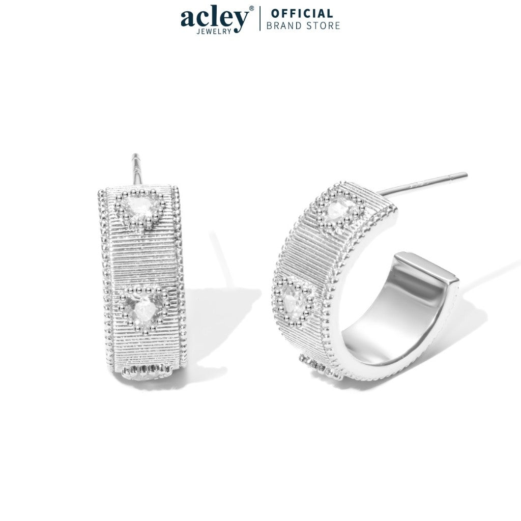 Bông tai dáng vòng bản lớn hợp kim đồng đính đá zircon 5A kim bạc