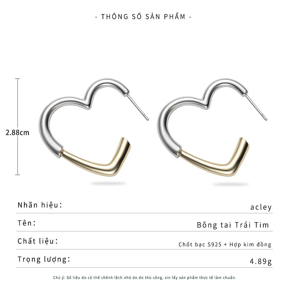 Bông tai vòng trái tim hai màu hợp kim đồng kim bạc