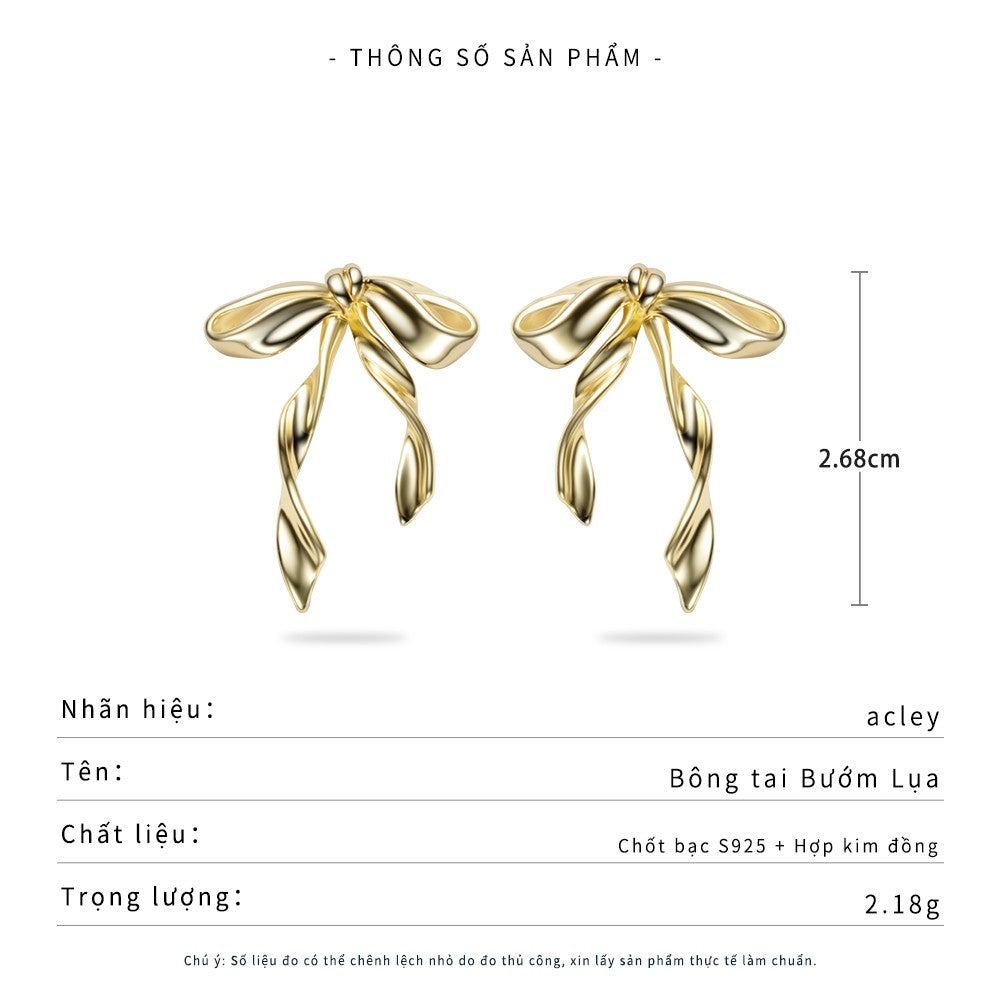 Bông tai nơ ruy băng màu vàng hợp kim đồng kim bạc