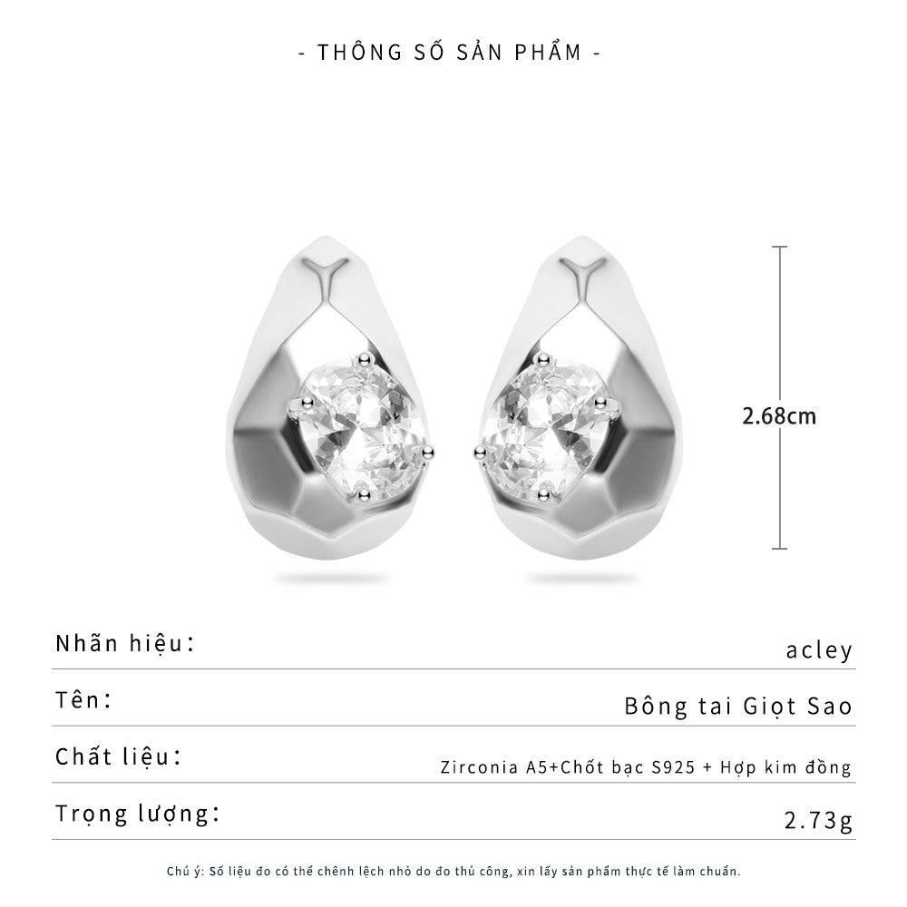 Bông tai nụ giọt nước hợp kim đồng đính đá zircon 5A kim bạc