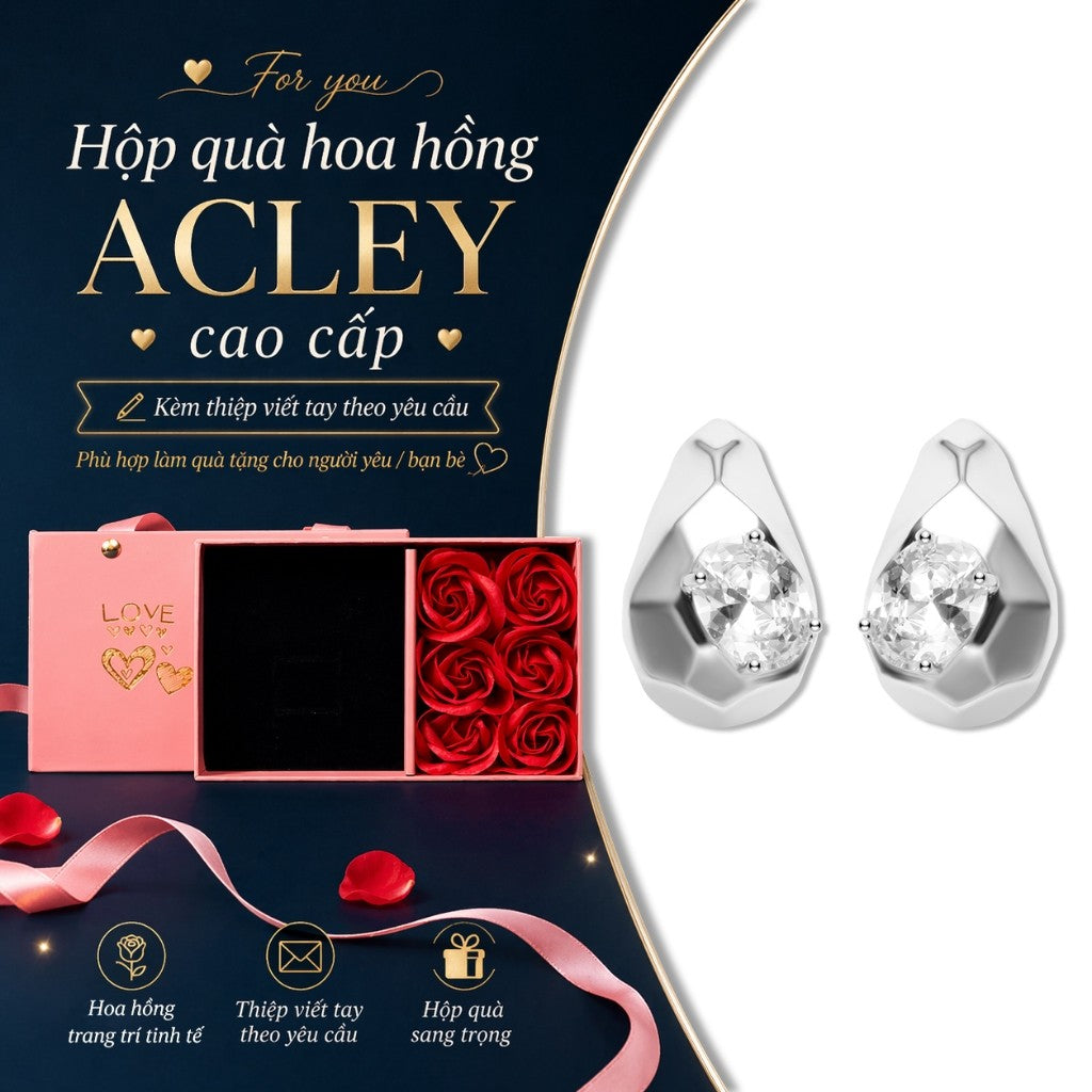 Bông tai nụ giọt nước hợp kim đồng đính đá zircon 5A kim bạc