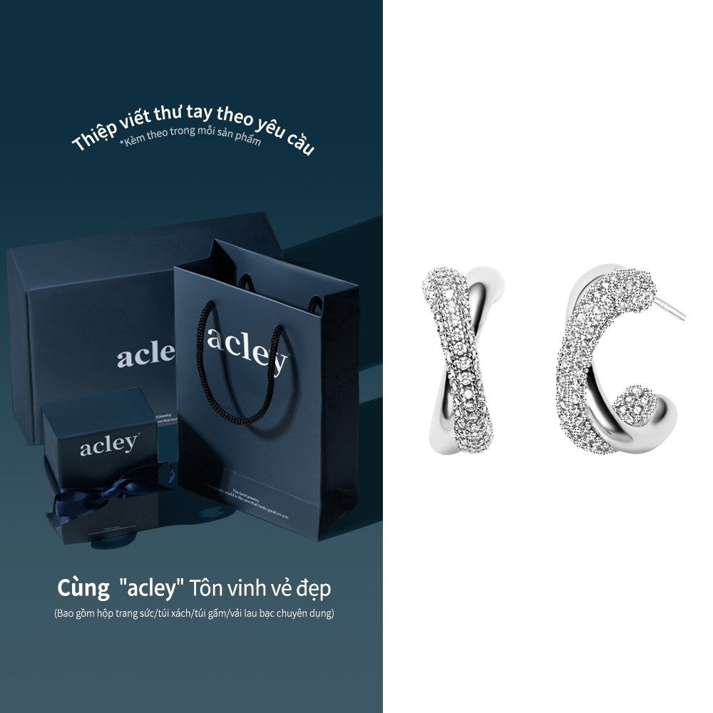 Bông tai vòng hợp kim đồng dáng xoắn đính đá zircon 5A kim bạc