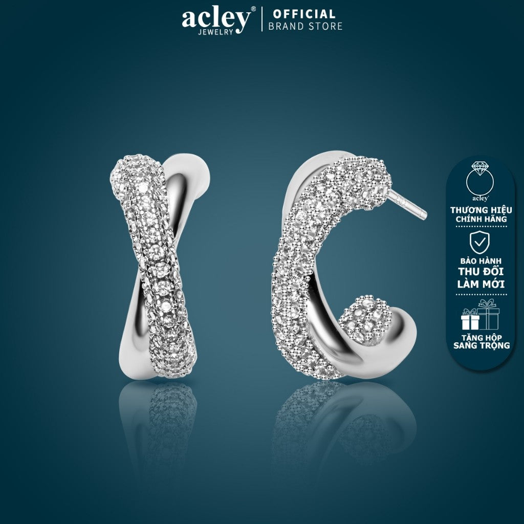 Bông tai vòng hợp kim đồng dáng xoắn đính đá zircon 5A kim bạc