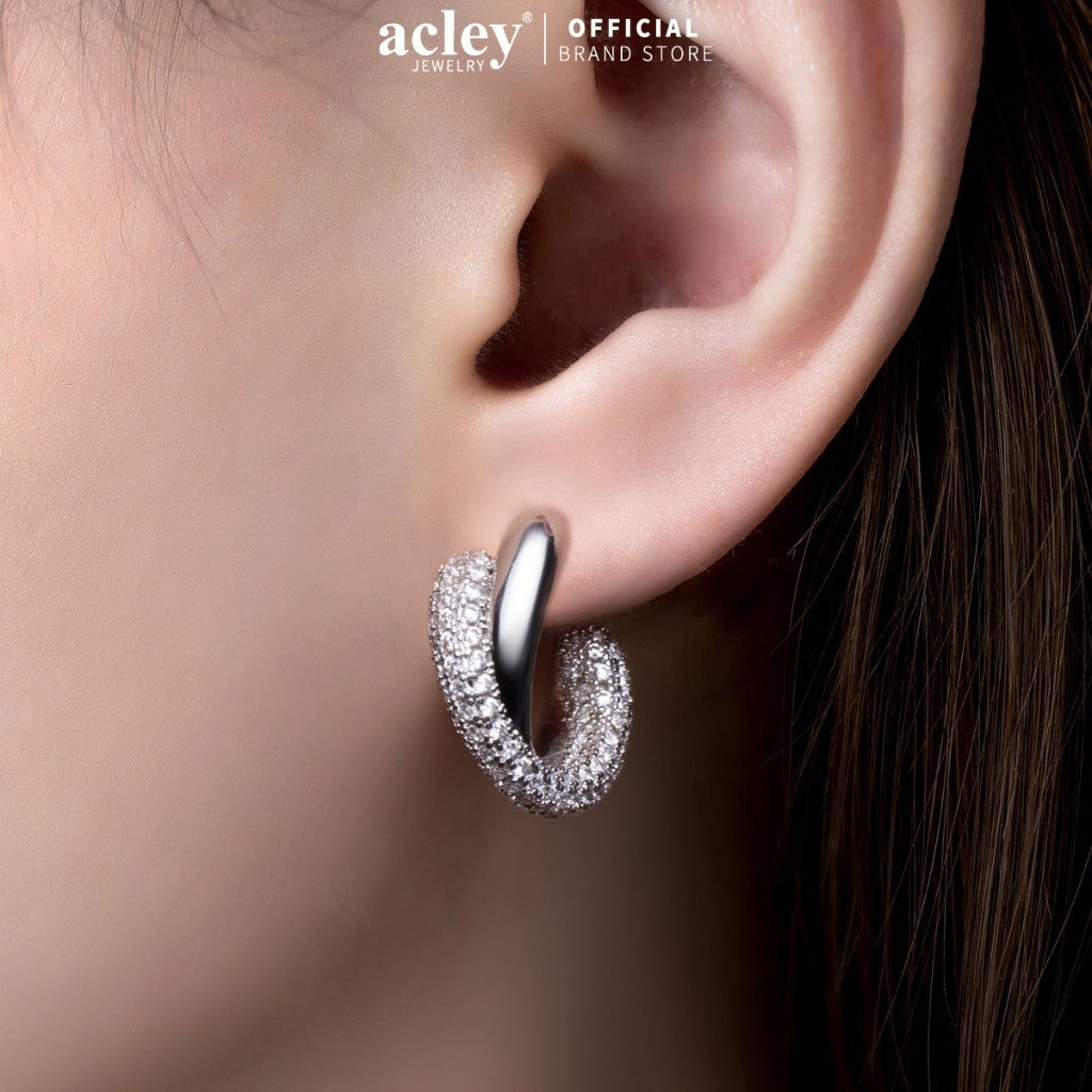 Bông tai vòng hợp kim đồng dáng xoắn đính đá zircon 5A kim bạc