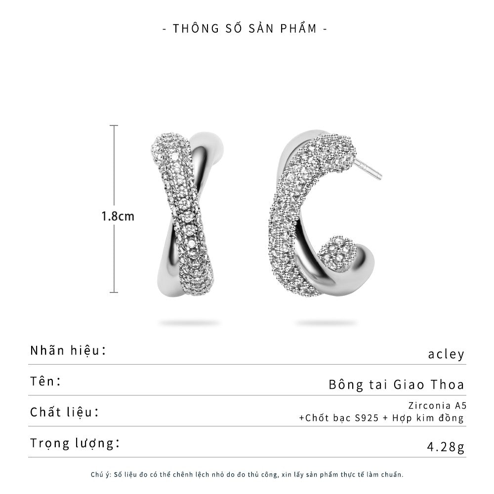 Bông tai vòng hợp kim đồng dáng xoắn đính đá zircon 5A kim bạc