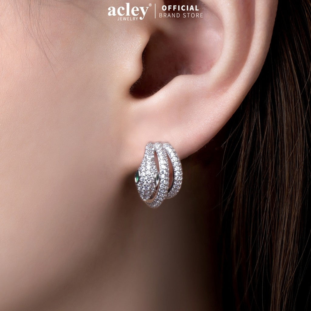 Bông tai vòng hợp kim đồng đính đá zircon 5A dáng xoắn kim bạc