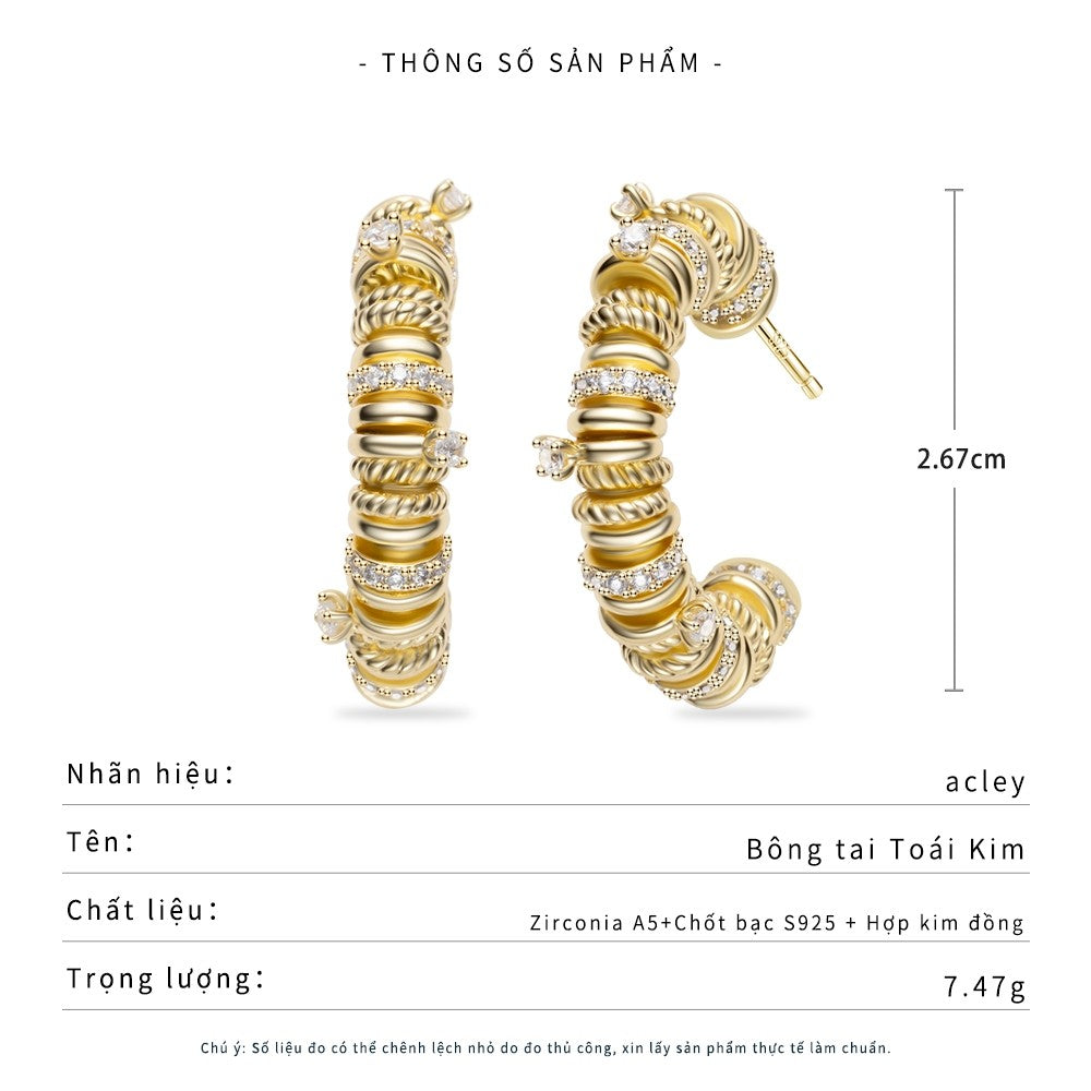 Bông tai vòng màu vàng hợp kim đồng đính đá zircon 5A kim bạc