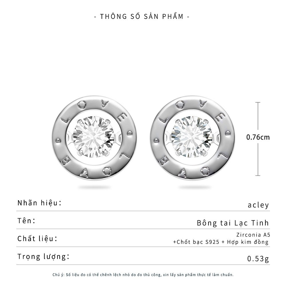 Bông tai đinh hợp kim đồng mặt tròn chữ LOVE đính đá zircon 5A chốt bạc