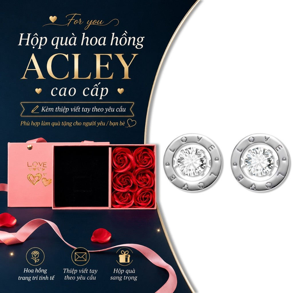 Bông tai đinh hợp kim đồng mặt tròn chữ LOVE đính đá zircon 5A chốt bạc