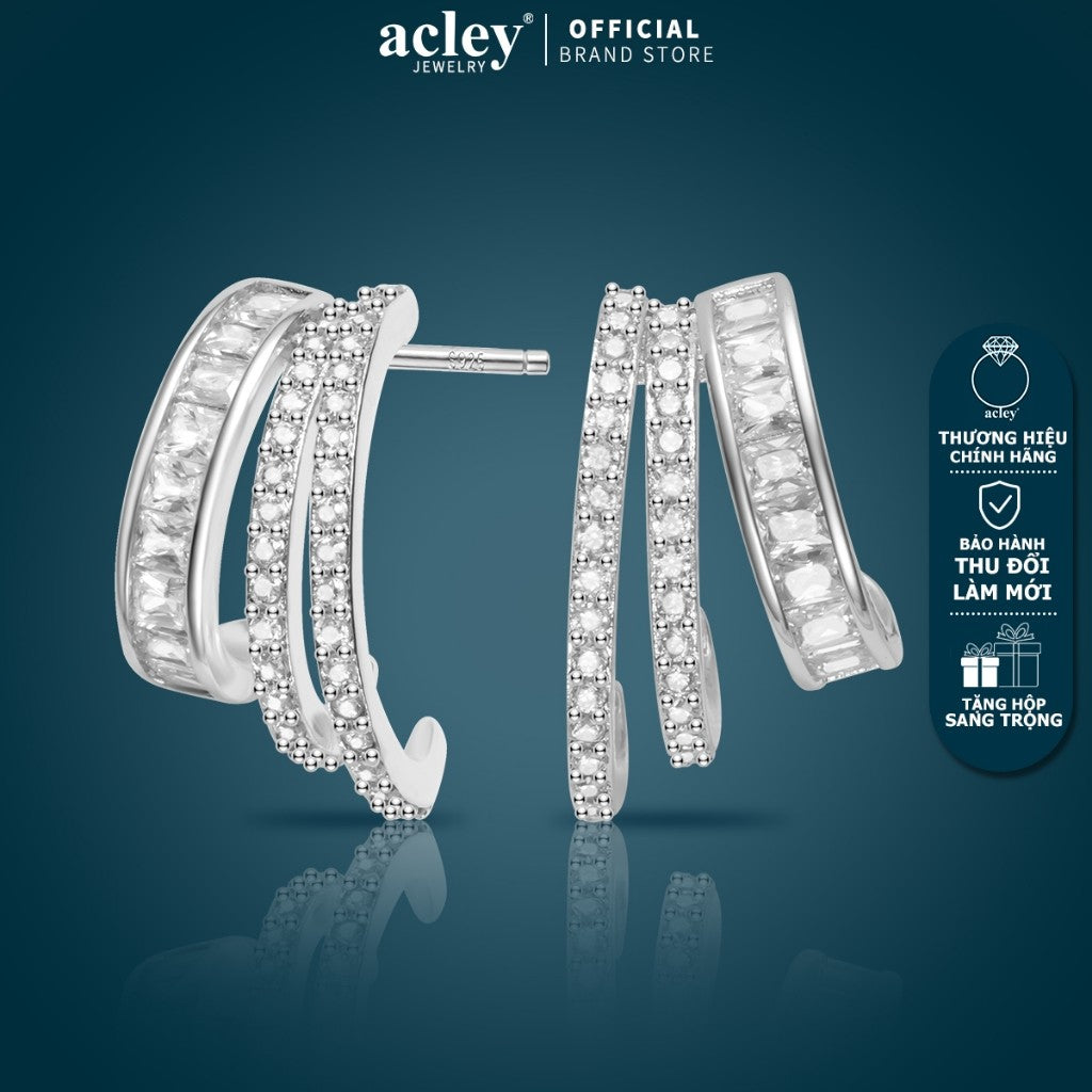 Bông tai dáng vòng hợp kim đồng đính đá zircon 5A kim bạc