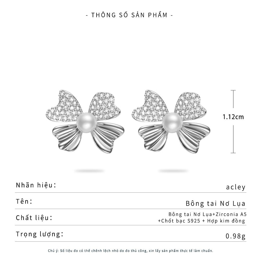 Bông tai nơ ngọc trai nước ngọt đính đá zircon 5A kim bạc