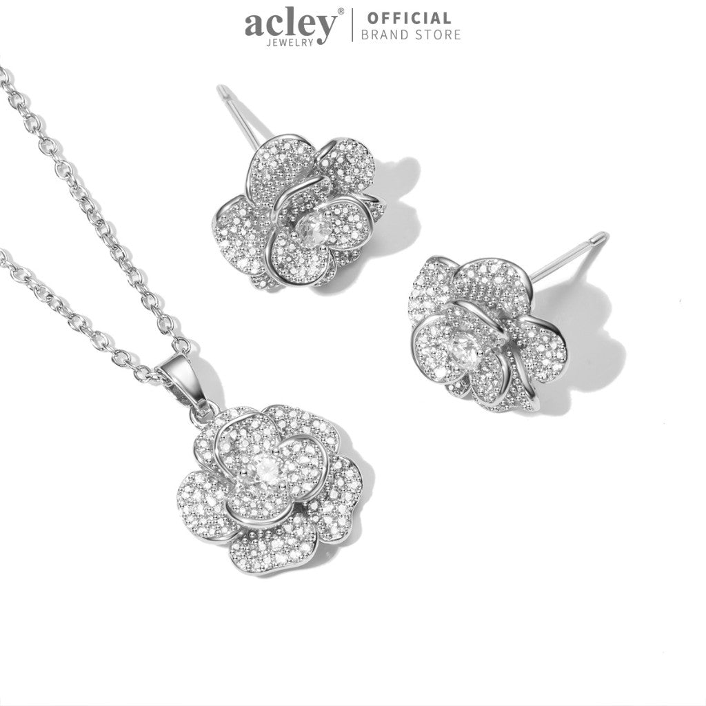 Bộ trang sức hợp kim đồng hình hoa nhiều cánh đính đá zircon 5A