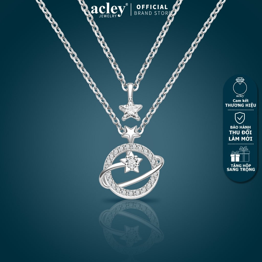 Dây chuyền hợp kim đồng hai tầng hình Sao Thổ đính đá zircon 5A