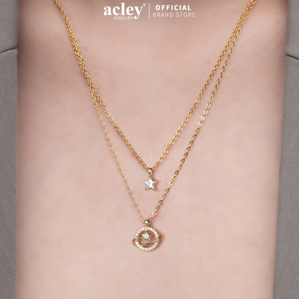 Dây chuyền hợp kim đồng hai tầng hình Sao Thổ đính đá zircon 5A