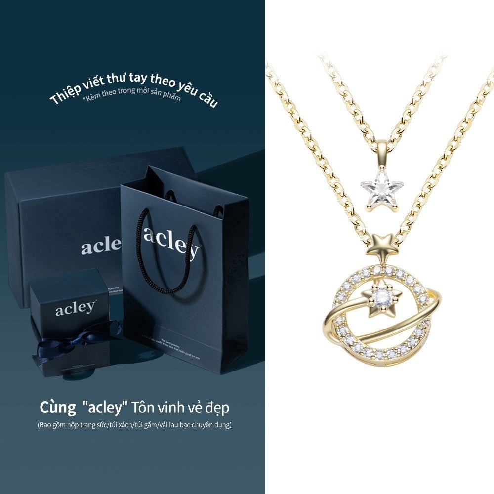 Dây chuyền hợp kim đồng hai tầng hình Sao Thổ đính đá zircon 5A