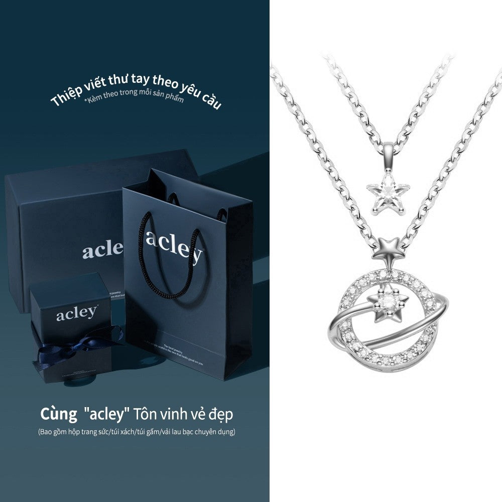 Dây chuyền hợp kim đồng hai tầng hình Sao Thổ đính đá zircon 5A