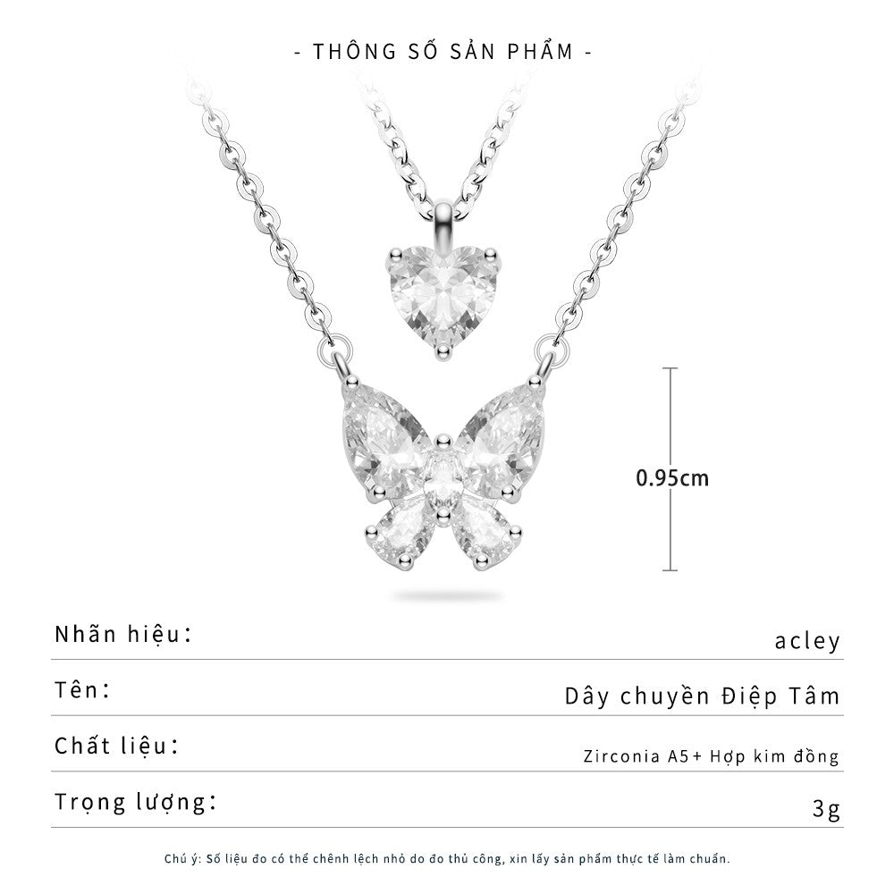 Dây chuyền hợp kim đồng hai tầng hình bướm và trái tim đính đá zircon 5A