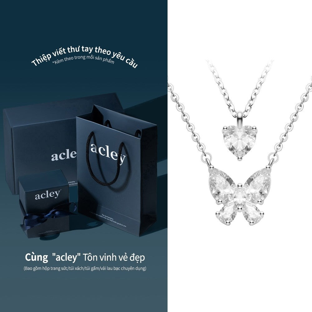 Dây chuyền hợp kim đồng hai tầng hình bướm và trái tim đính đá zircon 5A